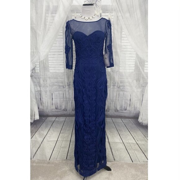 JS Collections Size 6 Navy Blue Illusion Yoke Soutache Column Gown Full Length - Picture 4 of 16